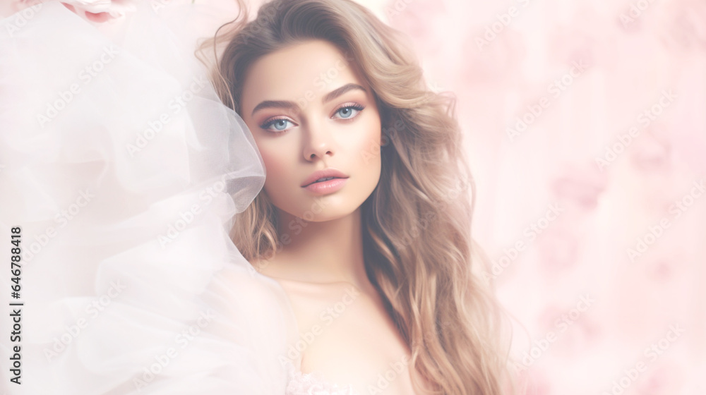 Portrait of beautiful girl in an elegant wedding dress on pink background with flowers. Close-up, copy space. Banner Portrait of beautiful girl in an elegant wedding dress on pink background with flowers. Close-up, copy space. Banner