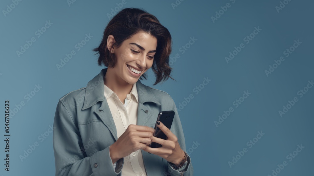 A happy brunette girl, standing isolated on a blue background, with smartphone in her hands. A happy brunette girl, standing isolated on a blue background, with smartphone in her hands.