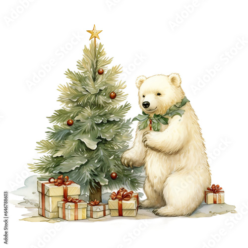 Christmas Polar Bear Watercolor Clipart, Animal in Christmas Decoration, Holly, Christmas Tree and Poinsettia Art  © SASINA N.