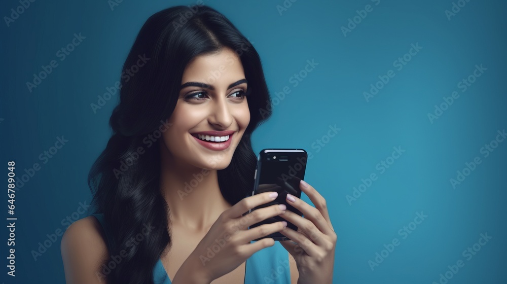 A happy brunette girl, standing isolated on a blue background, with smartphone in her hands. A happy brunette girl, standing isolated on a blue background, with smartphone in her hands.