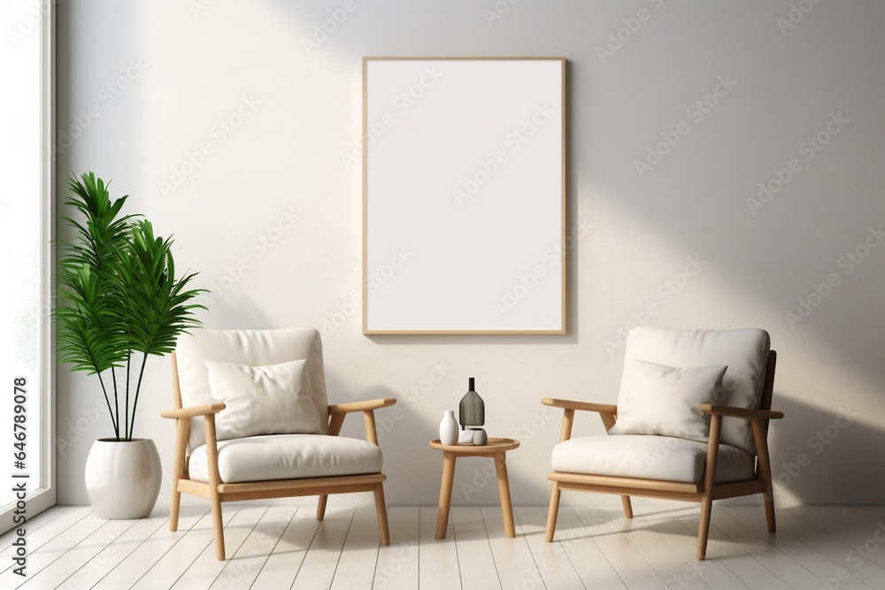 Modern Aesthetic Interior Design with Small Blank Poster Created with Generative AI Modern Aesthetic Interior Design with Small Blank Poster Created with Generative AI