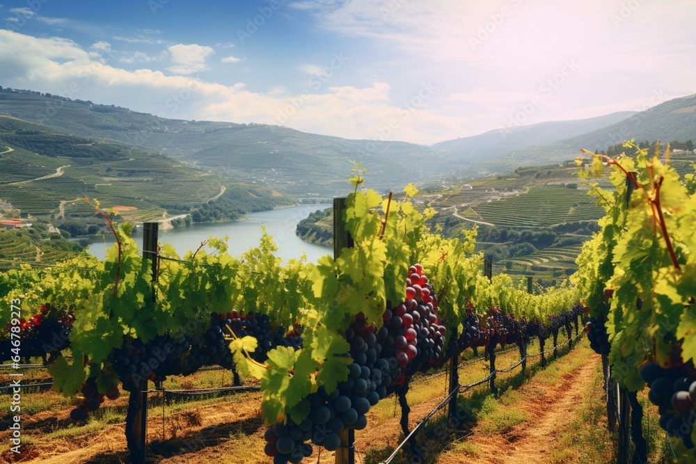 Picturesque vineyards in Portugal's Douro Valley yielding prized port wine in sunny summer. Generative AI
