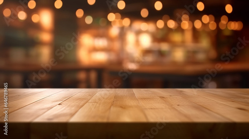 an empty tabletop podium in a restaurant with a blurred background with a copy of the evening bar space. © kichigin19