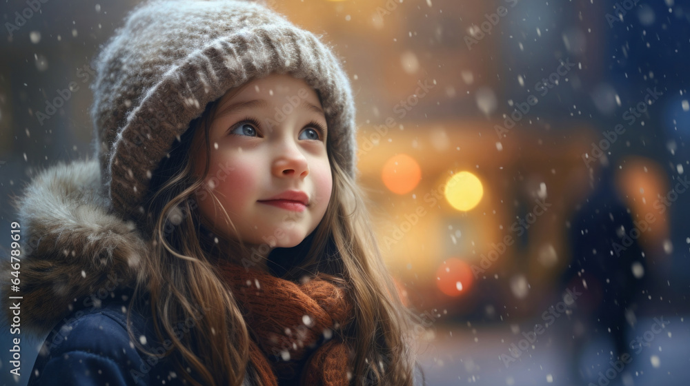 Toddler child cheerfully looking up at falling snow in winter or christmas season Toddler child cheerfully looking up at falling snow in winter or christmas season