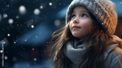 Toddler child cheerfully looking up at falling snow in winter or christmas season © Chanelle/Peopleimages - AI