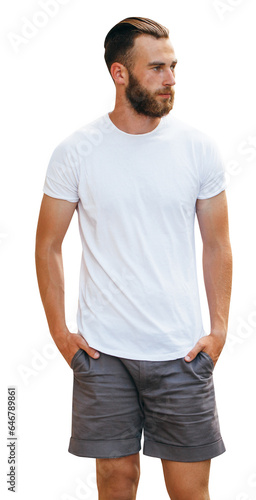 Handsome man wearing white blank t-shirt space for your logo
