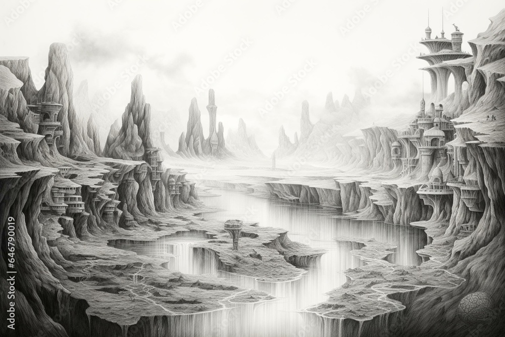 Abstract pencil landscape drawing. Generative AI