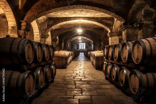 Wine storage cellar with barrels in Spain, representing the concept of wine. Generative AI