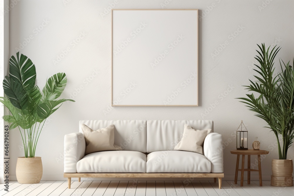 Modern Aesthetic Interior Design with Small Blank Poster Created with Generative AI Modern Aesthetic Interior Design with Small Blank Poster Created with Generative AI