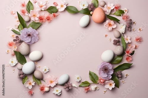 Many different flowers and leaves with Easter eggs. Abstract natural framing composition with space for text. Minimalistic flat lay. Floral spring concept with copy, Generative AI