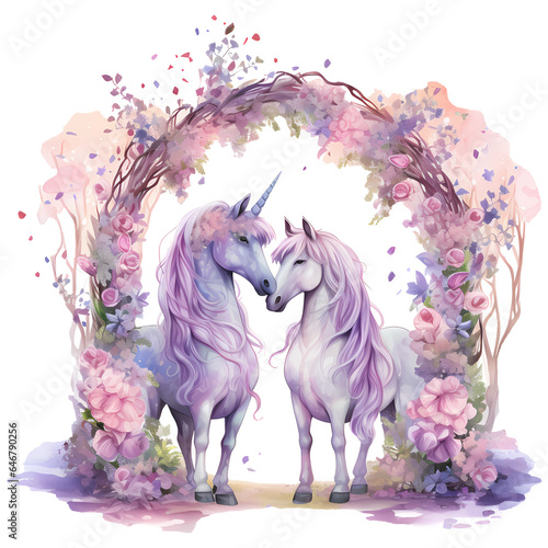 Unicorns with a floral archway Watercolor Clipart Sublimation AI Generative