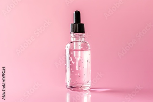 Transparent glass dropper bottle with air bubbles on pink background in sunlight. Pipette with fluid hyaluronic acid, serum, retinol. Cosmetics concept Flat lay. Luxury beauty, Generative AI
