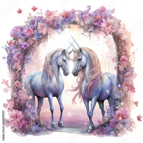 Unicorns with a floral archway Watercolor Clipart Sublimation AI Generative