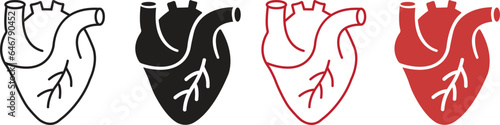 set of red Human Heart icons, Cardiac Muscle Line and Silhouette Color Icons. Medical Cardiology Pictogram. Healthy Cardiovascular Organ Symbol isolated on transparent Background.