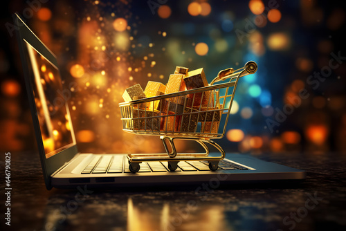Digital E-Commerce Sales Increase. Save Time and Money with Multiple Products in One Cart. Online shopping concept with miniature shopping cart standing in front of laptop