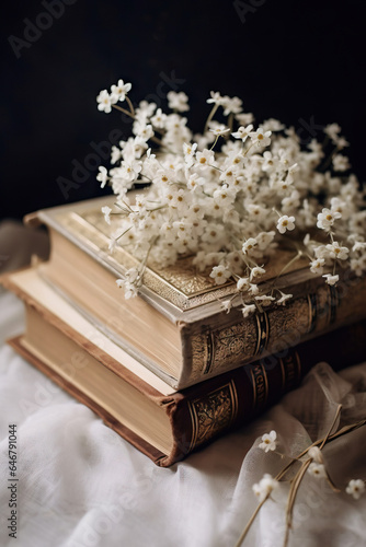Bouquet of white flowers on open book, soft focus background
