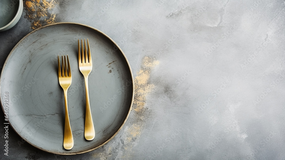 plate and serving of cutlery on a gray background grunge style. - obrazy, fototapety, plakaty 