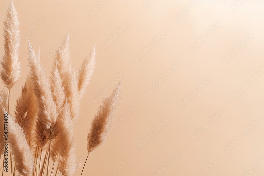 Pampas grass on a beige background. Minimalistic eco friendly concept with copy space. Top view. Flat lay. Dried flower in the sunlight, Generative AI
