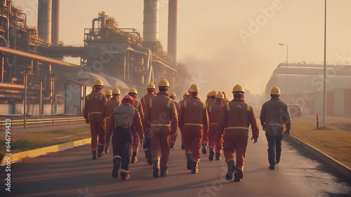 a crowd of workers outside walking down the street to the factory view from the back.