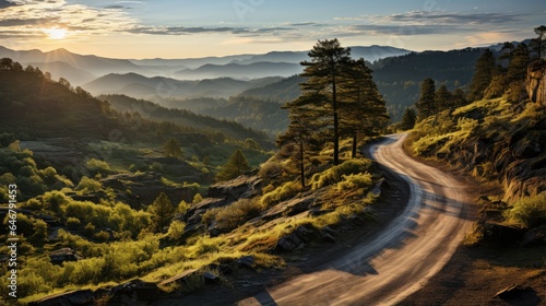 Top view of mountain road in forest at sunrise