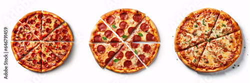 Classic pizza set from pizzeria top view with cut slices isolated on a white background.
