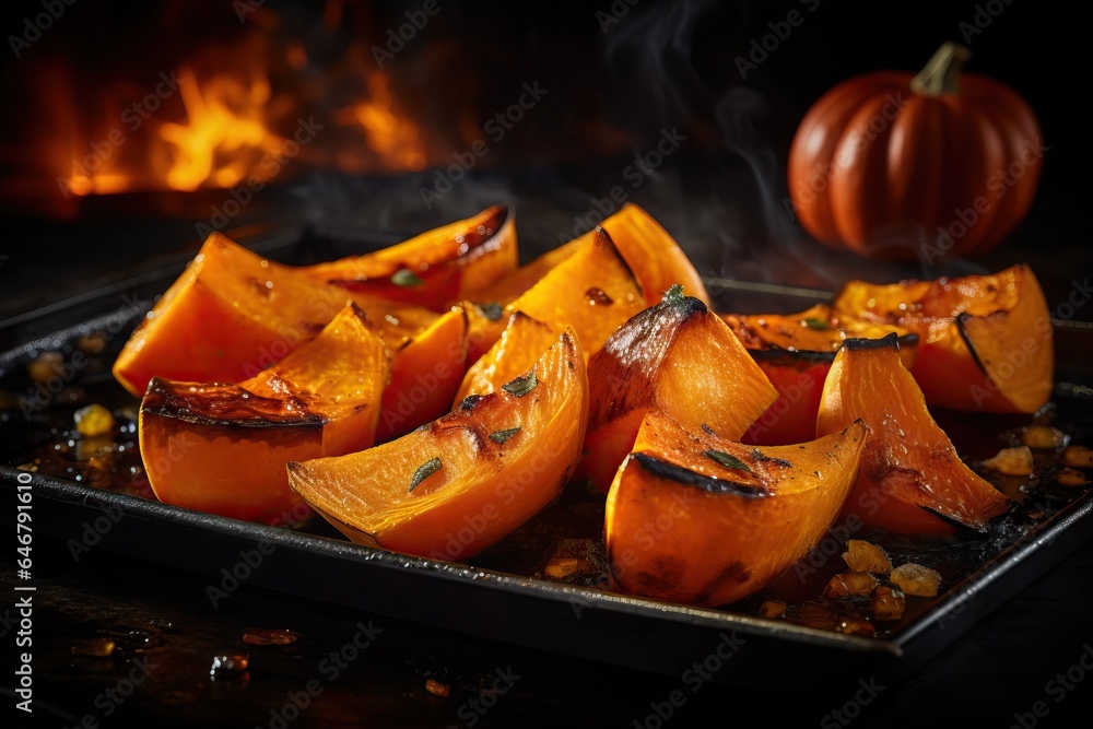 featuring grilled pumpkin slices, beautifully roasted to perfection, showcasing the rich colors and tantalizing textures of this delectable dish - obrazy, fototapety, plakaty 