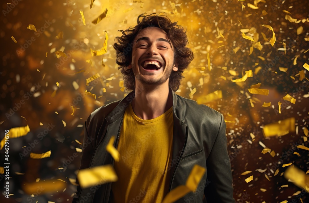 young man is standing happy and laughing around with confetti young man is standing happy and laughing around with confetti