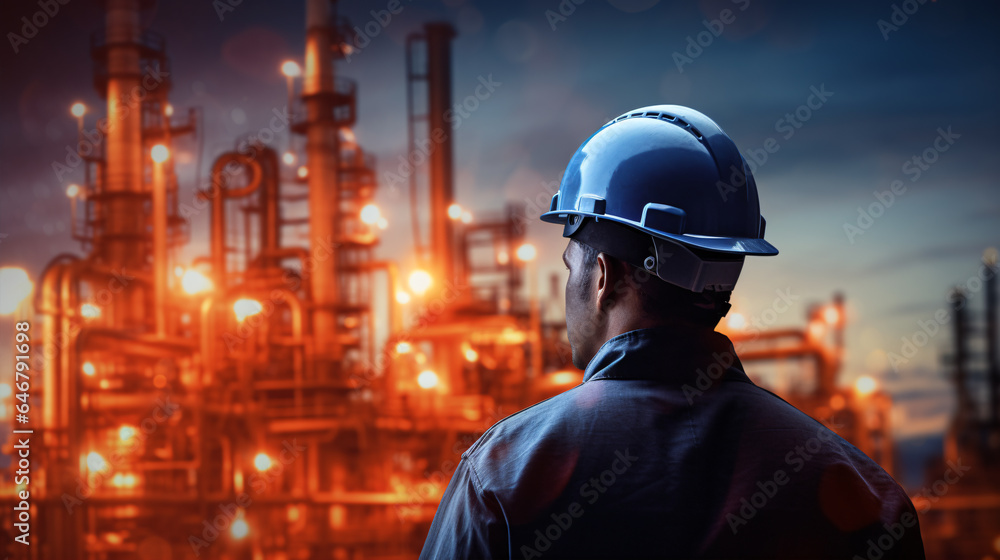 Safety-helmeted engineer amidst an oil refinery's industrial setting..