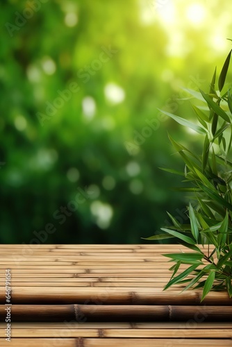 Wooden table on bamboo plant background for production