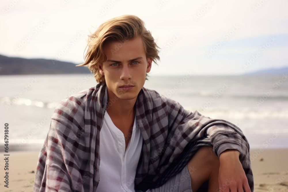 Beach Photo Portrait of a Fictional Handsome Teenager Man Model Sitting on the Sand with a Towel. Generative AI.