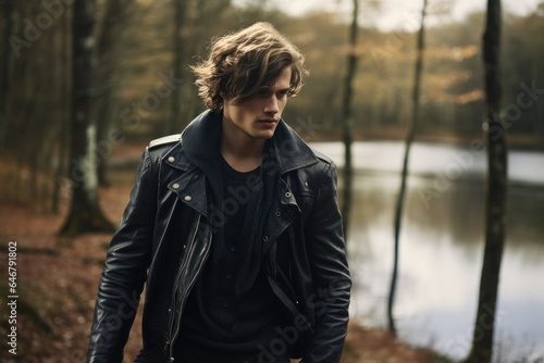 Cool Fictional Handsome Man Model Wearing Black Leather Jacket, Walking in a Forest. Generative AI.
