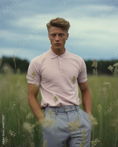 Beautiful Handsome Fictional Swedish Man Wearing a Polo Shirt Standing in a Field. Generative AI.