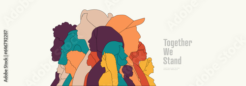 Together We Stand. Social banner. Different people stand side by side together. Modern color design. photo