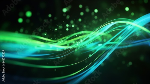 Abstract Futuristic Background With Green Blue Glowing Neon Layers And Lights. Generative AI.