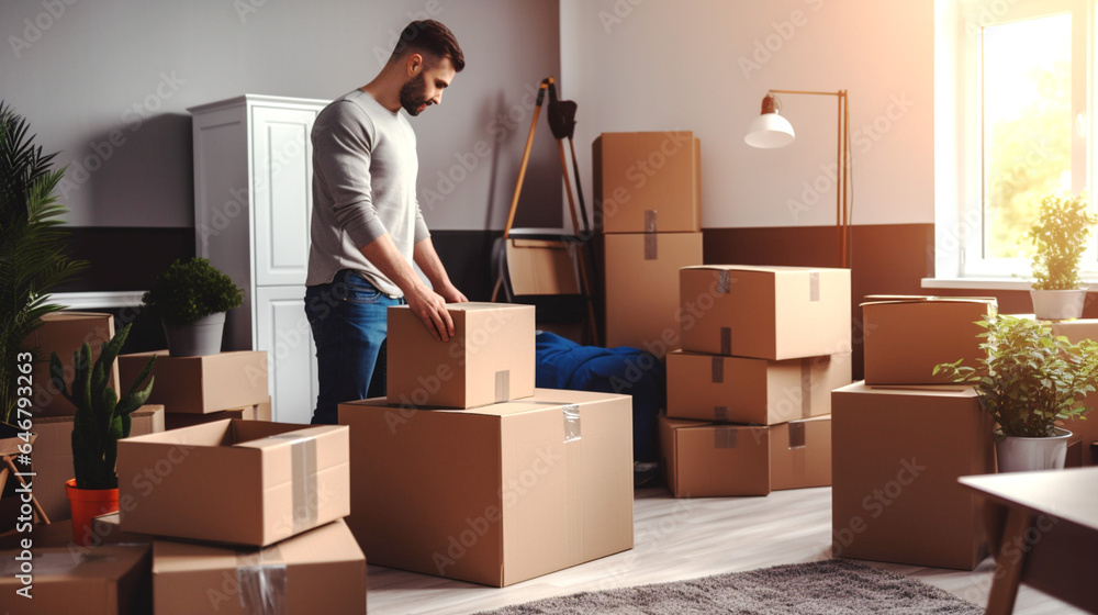 Young student is packing their belongings into boxes before moving. Moving single. Banner. Young student is packing their belongings into boxes before moving. Moving single. Banner.