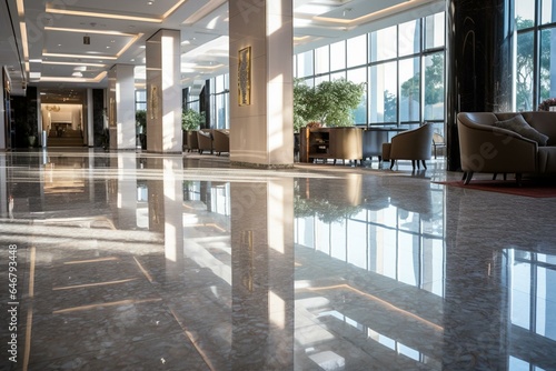 Sparkling tiles gleam on the polished floor of a commercial lobby while the office hall boasts elegant and shiny marble tiles. Generative AI