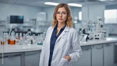 A female scientist standing in a chemical laboratory.