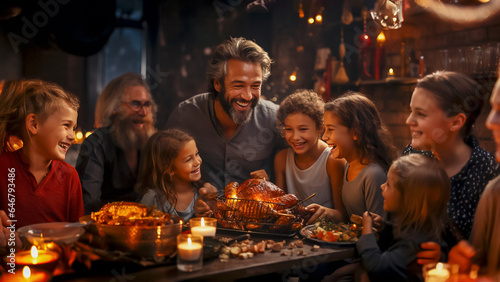 A big happy family celebrates Christmas at a restaurant. The main dish on the festive table is roast turkey
