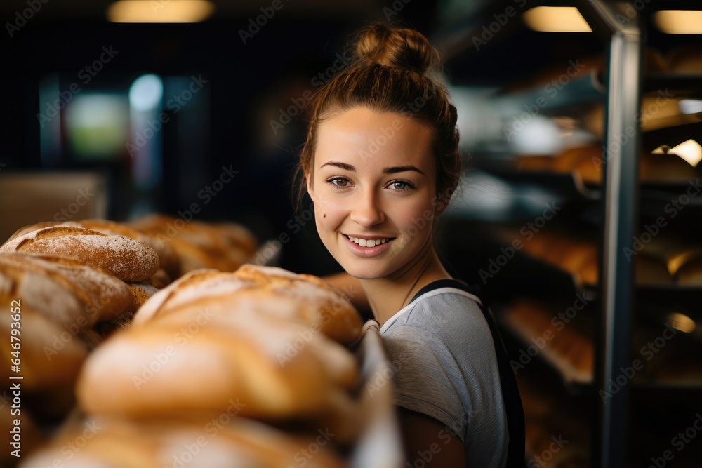 Female baker working in a bakery making bread Female baker working in a bakery making bread