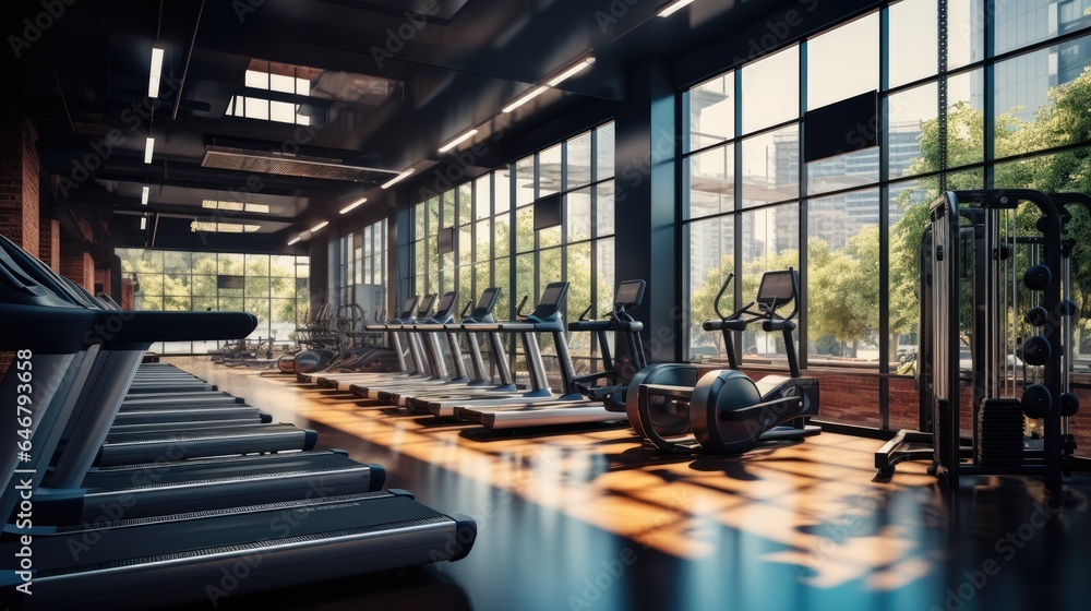 Interior of a modern gym with sports and fitness equipment and panoramic windows, fitness center, interior gym with a workout room with treadmills on a sunny day in the morning Interior of a modern gym with sports and fitness equipment and panoramic windows, fitness center, interior gym with a workout room with treadmills on a sunny day in the morning