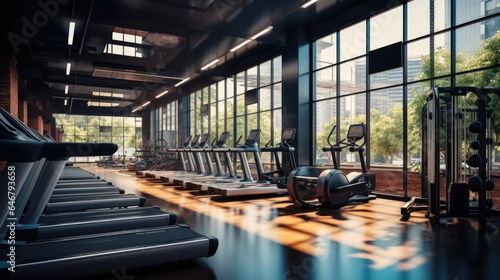 Interior of a modern gym with sports and fitness equipment and panoramic windows  fitness center  interior gym with a workout room with treadmills on a sunny day in the morning