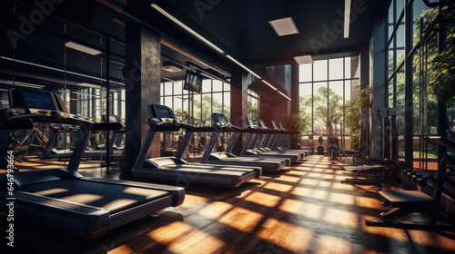 Interior of a modern gym with sports and fitness equipment and panoramic windows, fitness center, interior gym with a workout room with treadmills on a sunny day in the morning