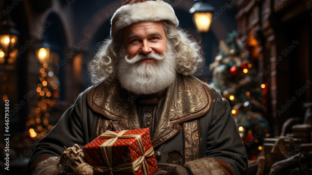 Man dressed as Santa Claus with a gift in his hands, Christmas holidays and carnivals, postcard idea