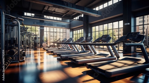 Interior of a modern gym with sports and fitness equipment and panoramic windows  fitness center  interior gym with a workout room with treadmills on a sunny day in the morning