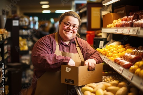 Employee with down syndrome working in a supermarket