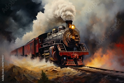 A painting of a locomotive train with smoke and steam coming from its stacks. Generative AI