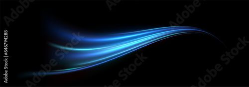  Modern blue, neon lines. Dynamic light motion trails. Technological design. Vector