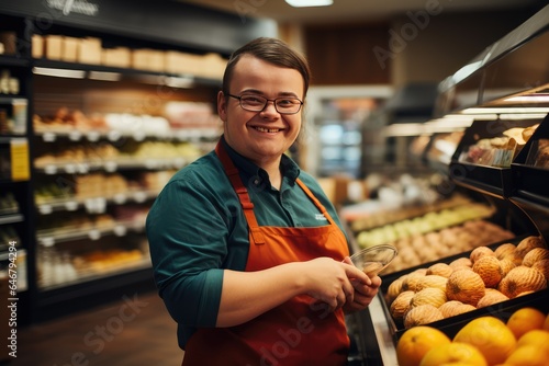 Store employee with down syndrome working in a produce store selling stuff photo