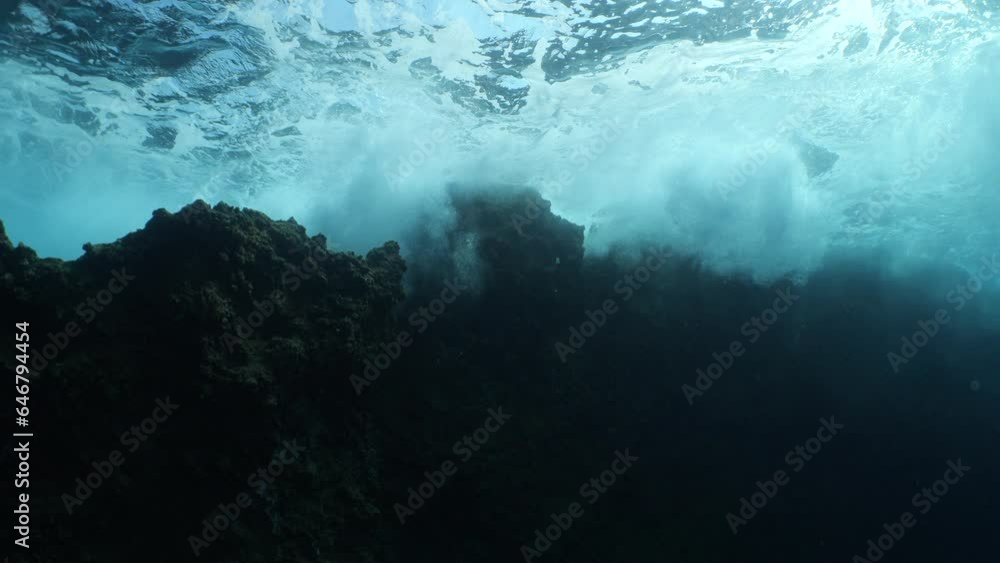 Wavy Fishy choppy water wavy sea underwater wave hit on rocks and makes foam on ...
