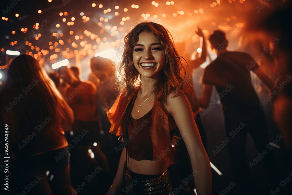 A close-up of a beautiful smiling woman at a club party.